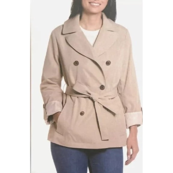 Weatherproof Women's Lightweight Double Breasted Tie Waist Trench Coat Tan L