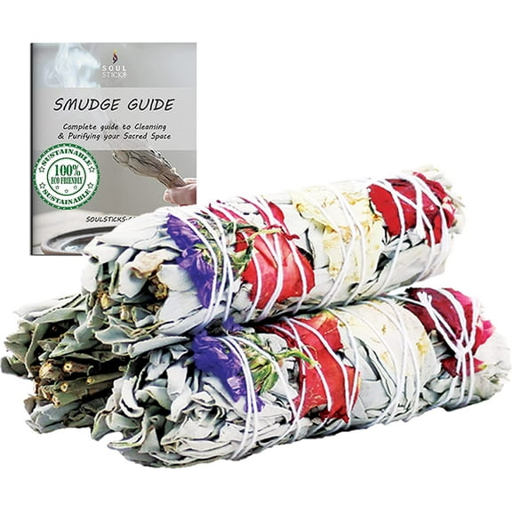 3 Pack Floral White Sage Smudge Sticks with Instructions | MORNING GLORY | Smudging Sticks with Flowers for Positive Vibrations