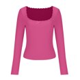 thumbnail image 3 of Going Out Tops For Women Solid Color Long Sleeved Lace Patchwork U-neck Knitted Casual Crew-neck Hot Pink Outfits Workout Clothes S-XL, 3 of 5