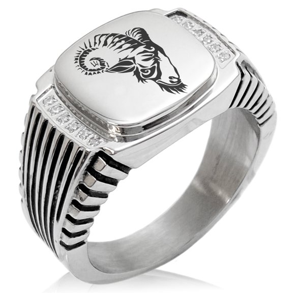 Tioneer Stainless Steel Celestial Satyr Goat CZ Ribbed Needle Stripe Pattern Biker Style Polished Ring