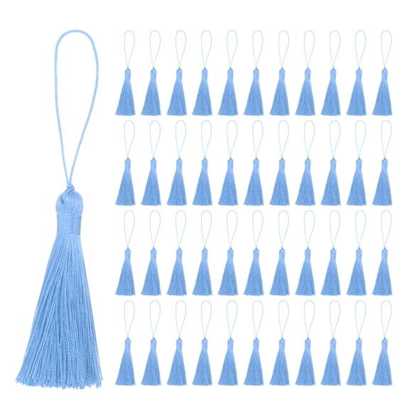 Uxcell 45Pcs Mini Silky Bookmark Tassels, Handmade Soft Floss Craft Tassels with Cord Loop, Azul