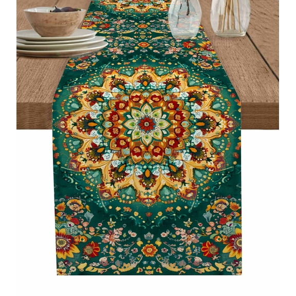Boho Flower Table Runner 36 Inches, Yellow Green Bohemian Colorful Medallion Bed Runner Dresser Scarves Tabletop for Indoor Outdoor Parties/Ceremony/Banquet, 13"x 36"