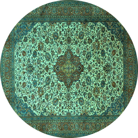 Ahgly Company Machine Washable Indoor Round Medallion Turquoise Blue Traditional Area Rugs, 4' Round