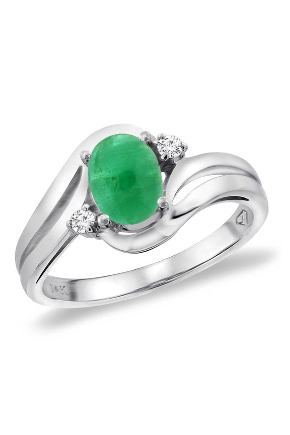 14K White Gold Diamond Natural Cabochon Emerald Bypass Engagement Ring Oval 8x6 mm, size 7.5