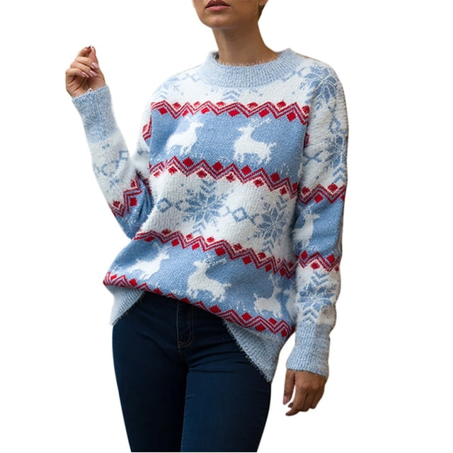 Pull de Noël pour Dames, Blouse Mi-Longue Ample, Cardigan Tricoté à Col Rond, Pull de Mode, Imprimé Graphique, Manches Longues, Chaud
