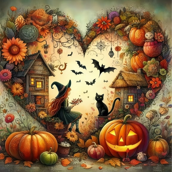 Diamond Art Painting Kits for Adults,Halloween Witch Heart 5D Diamond Painting Dots Art Kits for Adults Beginner, DIY Full Round Gem Crystal Art Paint by Diamond, Home Wall Decor 14x 14 in