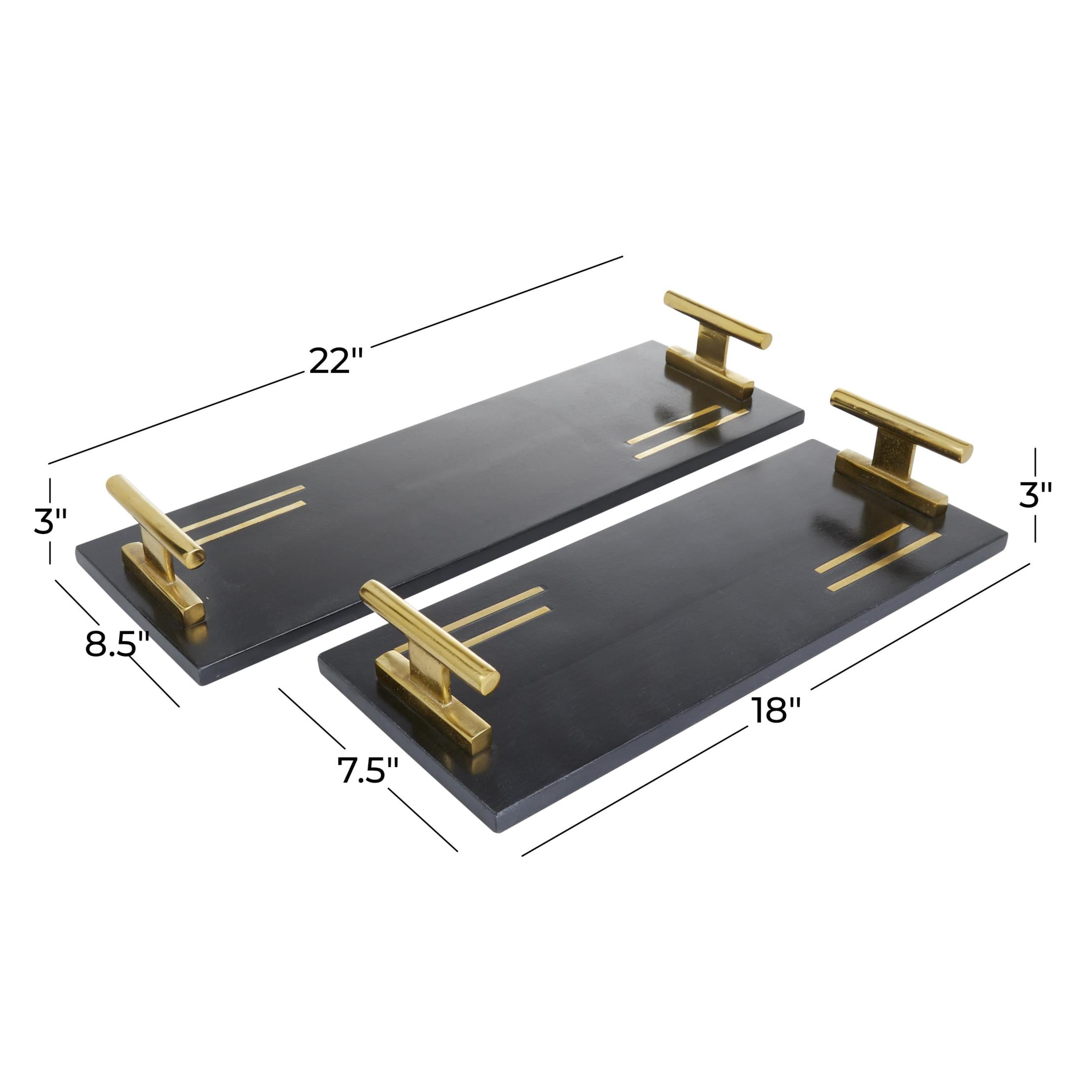 DecMode 22", 18"W Black Marble Tray with Gold Handles, 2-Pieces