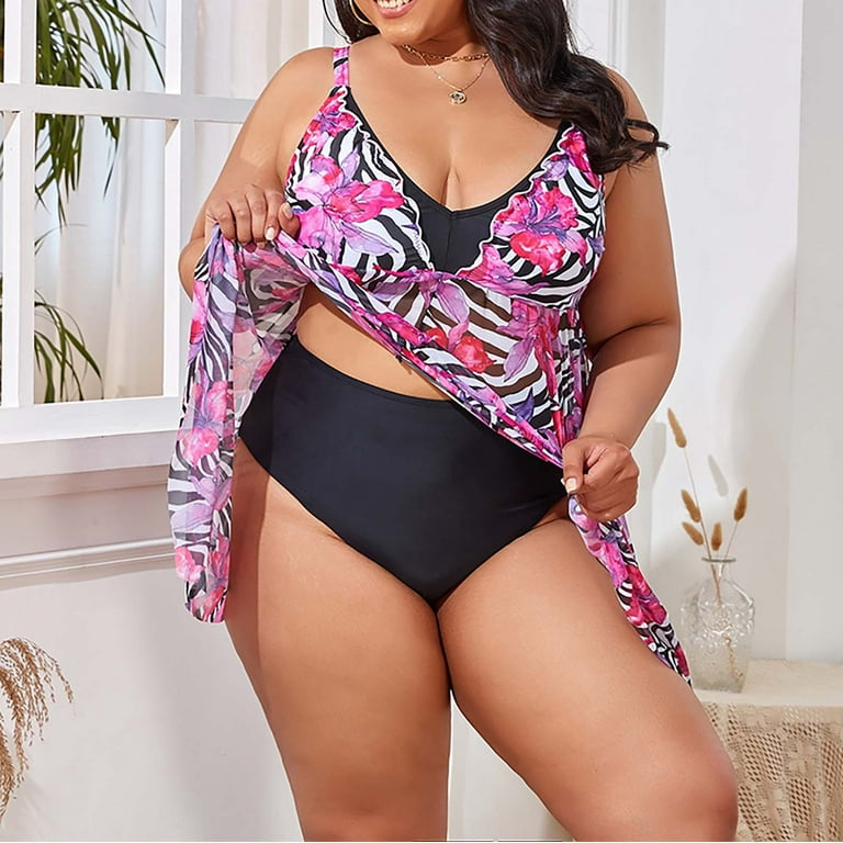 Womens Plus Size Swimsuit 2023 New Large Size Tulle Skirt Swimsuit Women s Belly Covering Split Plus Size Swimsuit for Women Pink