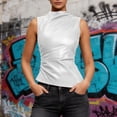 thumbnail image 2 of TAGOLD Womens Round-Neck Tank Top Faux Leather Stand Collar Solid Color Sleeveless Top, 2 of 5