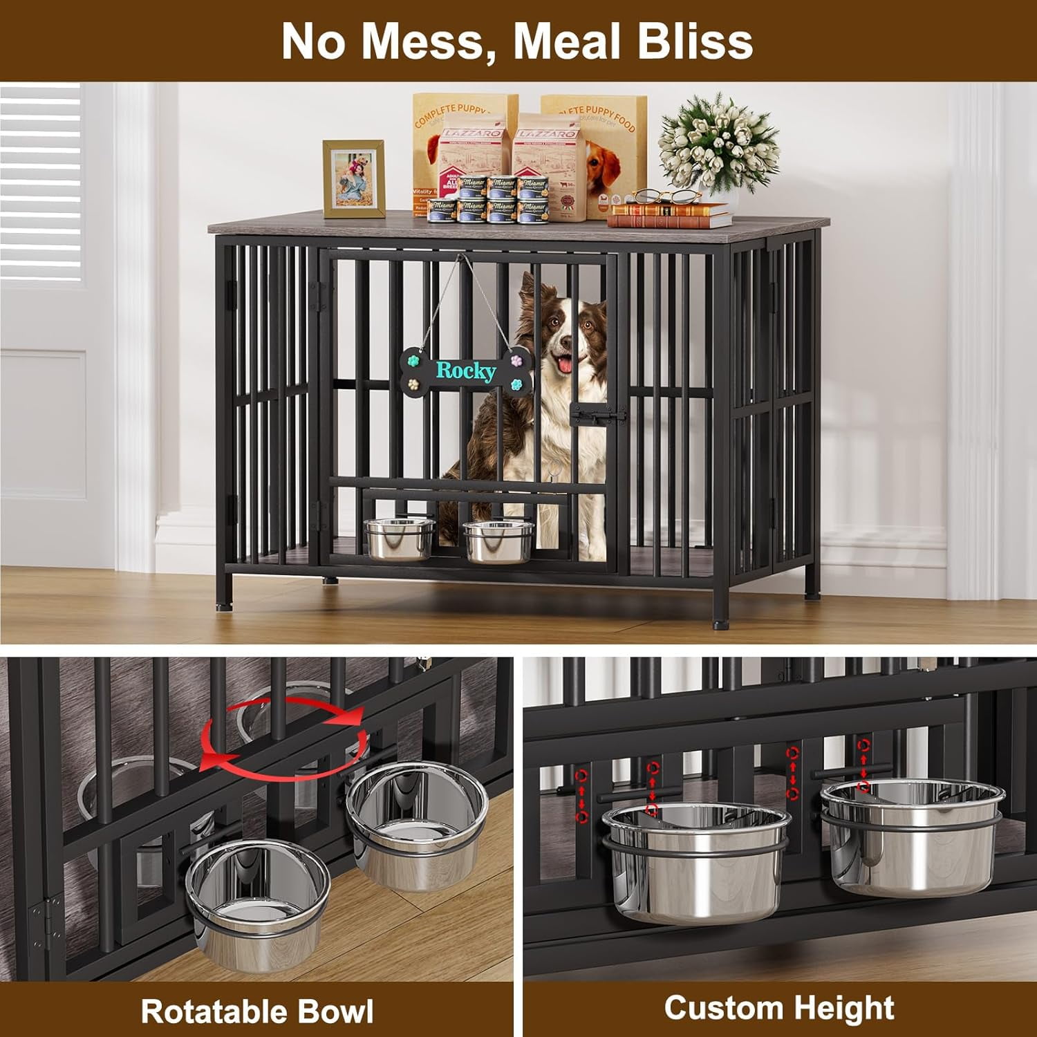 POAO 41"Dog Crate Furniture Foldable,No Assembly Dog Kennel Indoor for Large Dog(40-65 lbs),Dog Cage with Adjustable Bowls &Name Tag,End Table