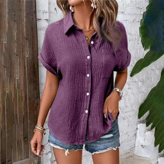 TINZ Chemise à Manches Chauve-Souris Boutonnée Unie à la Mode et Décontractée pour Dames, Manches Courtes, Automne, pour Femmes, Tunique de Baseball à Manches Longues pour Femmes