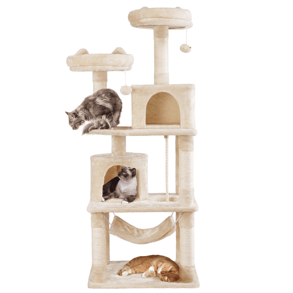 Alden Design 62" Double Condo Cat Tree and Scratching Post Tower, Beige