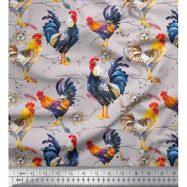 Soimoi Modal Satin Fabric Eggs,Nest & Hen Bird Print Fabric by the Yard 42 Inch Wide