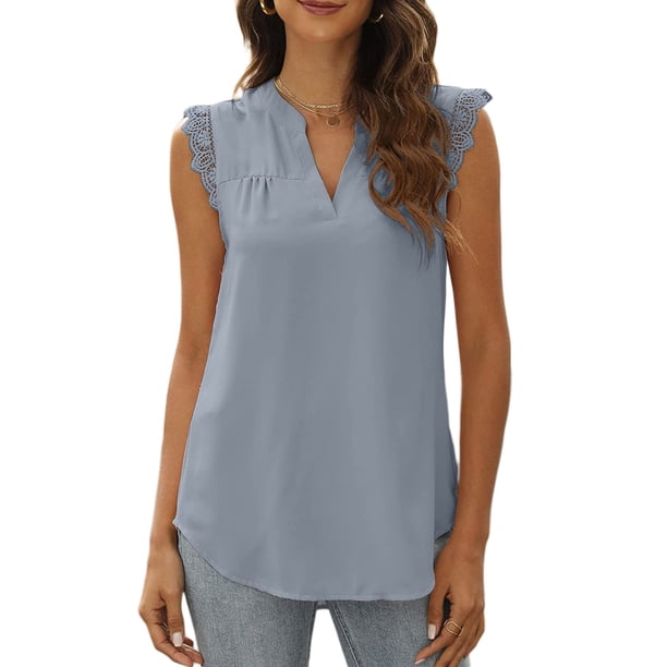 Txlixc, camisetas sin mangas de verano para mujer, sin mangas, lisas/flores/hojas, camisas de encaje con cuello en V, chaleco informal suelto para mujer Txlixc Estilo de ocio