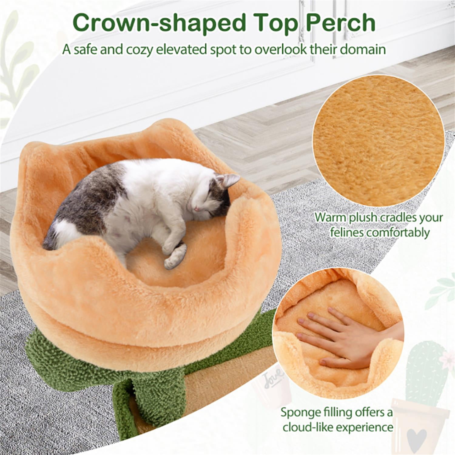 Kadyn 63" Cactus Cat Tree with Toy, Cat Tower Condo for Indoor Cats with Cozy Hammock, Sisal Scratching Posts and Board, Green