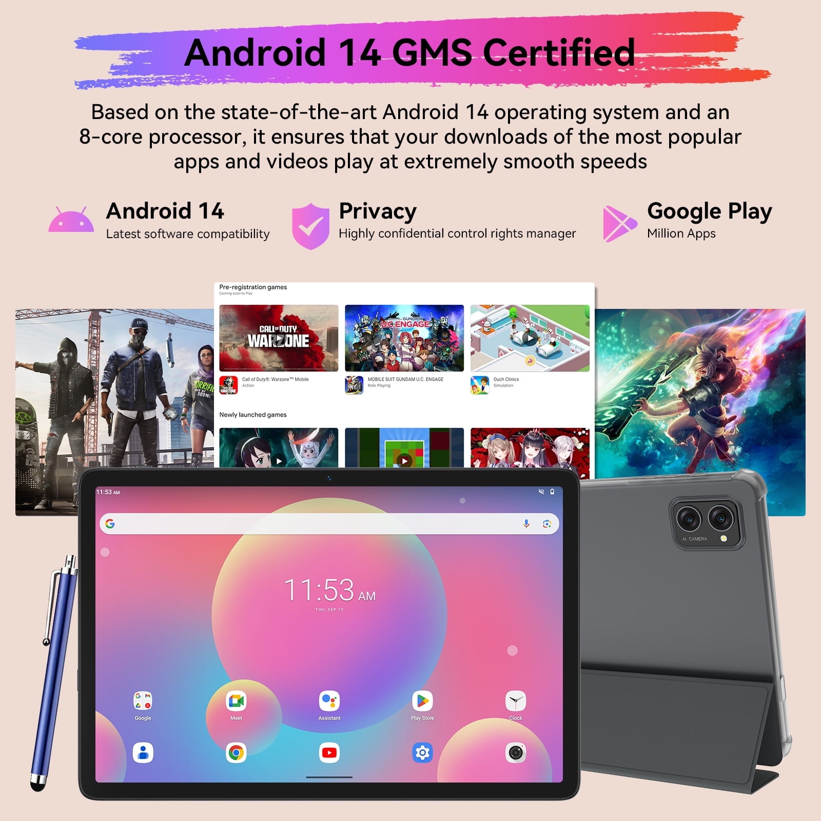 BESTTAB Android 14 AI Tablet A20 10.1" 24GB RAM 256GB ROM Widevine L1 5G WiFi Screen Touch Tablet with Keyboard Mouse Case, Gray