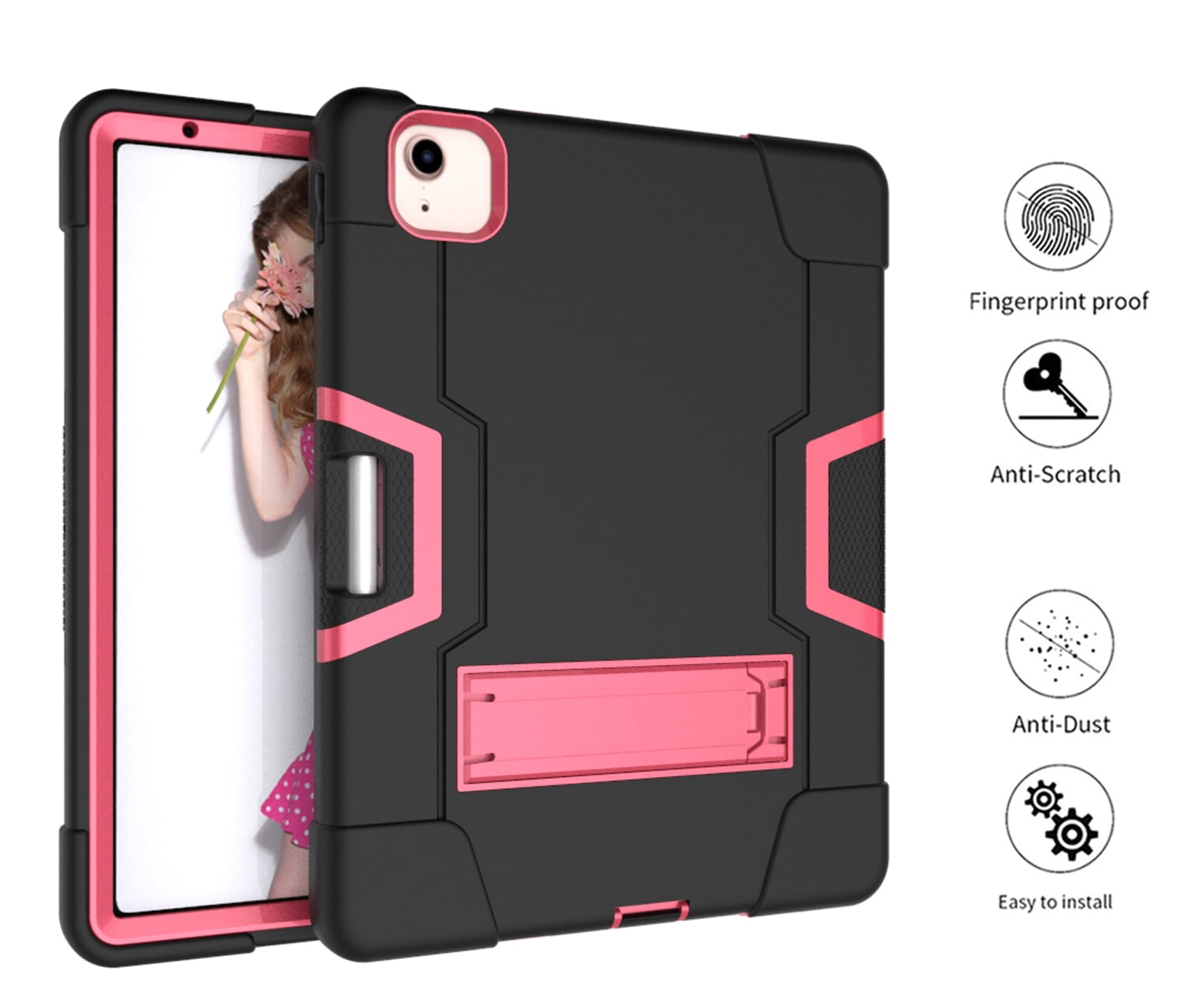 Allytech iPad Air 5 Case 2022, iPad Air 4 Case 2020, Heavy Duty Protection Shockproof Build In Kickstand Pencil Holder Kids Friendly Case for Apple iPad Air 5th 4th Generation, BlackBlack/Rose