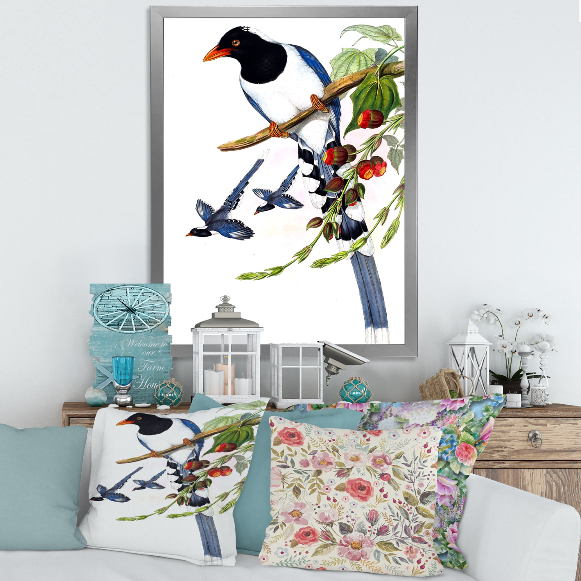 Designart 'Vintage Countryside Birds On Branch IV' Farmhouse Framed Art Print