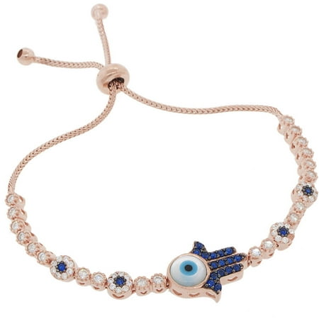 Pori Jewelers Blue CZ 18kt Rose Gold-Plated Sterling Silver Hamsa Friendship Bolo Adjustable Bracelet