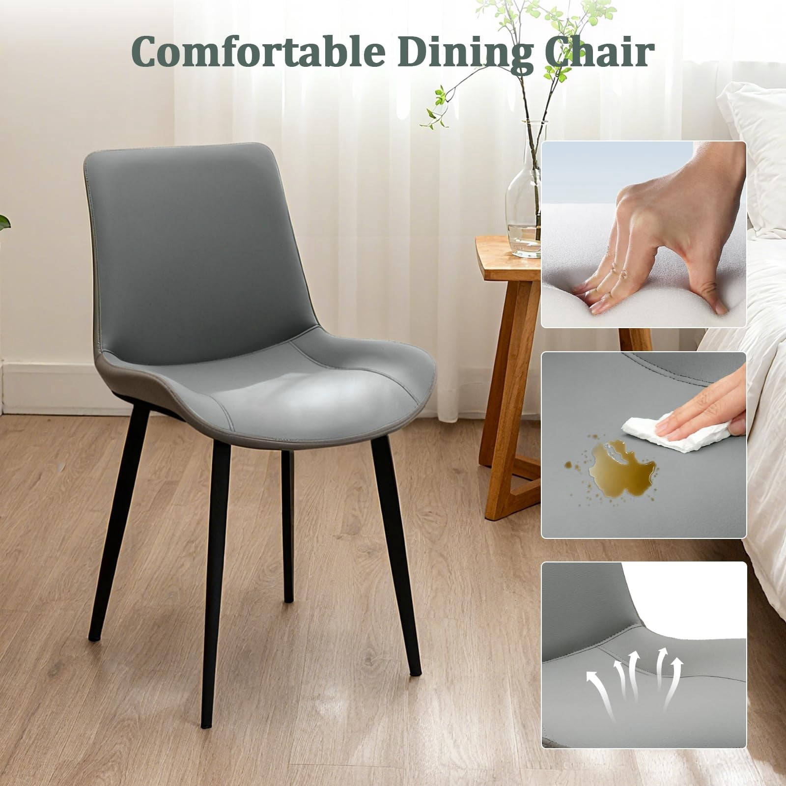Light Grey & Dark Grey PU Leather Dining Chairs Set of 4, Modern Upholstered Kitchen Chairs with Metal Legs, Armless Side Chairs for Dining Room, Restaurant, Living Room & Meeting Room
