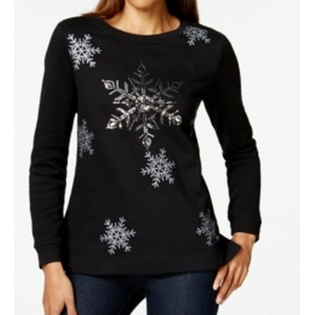 Karen Scott NEW Black Women Large PL Petite Snowflake Crewneck Sweater