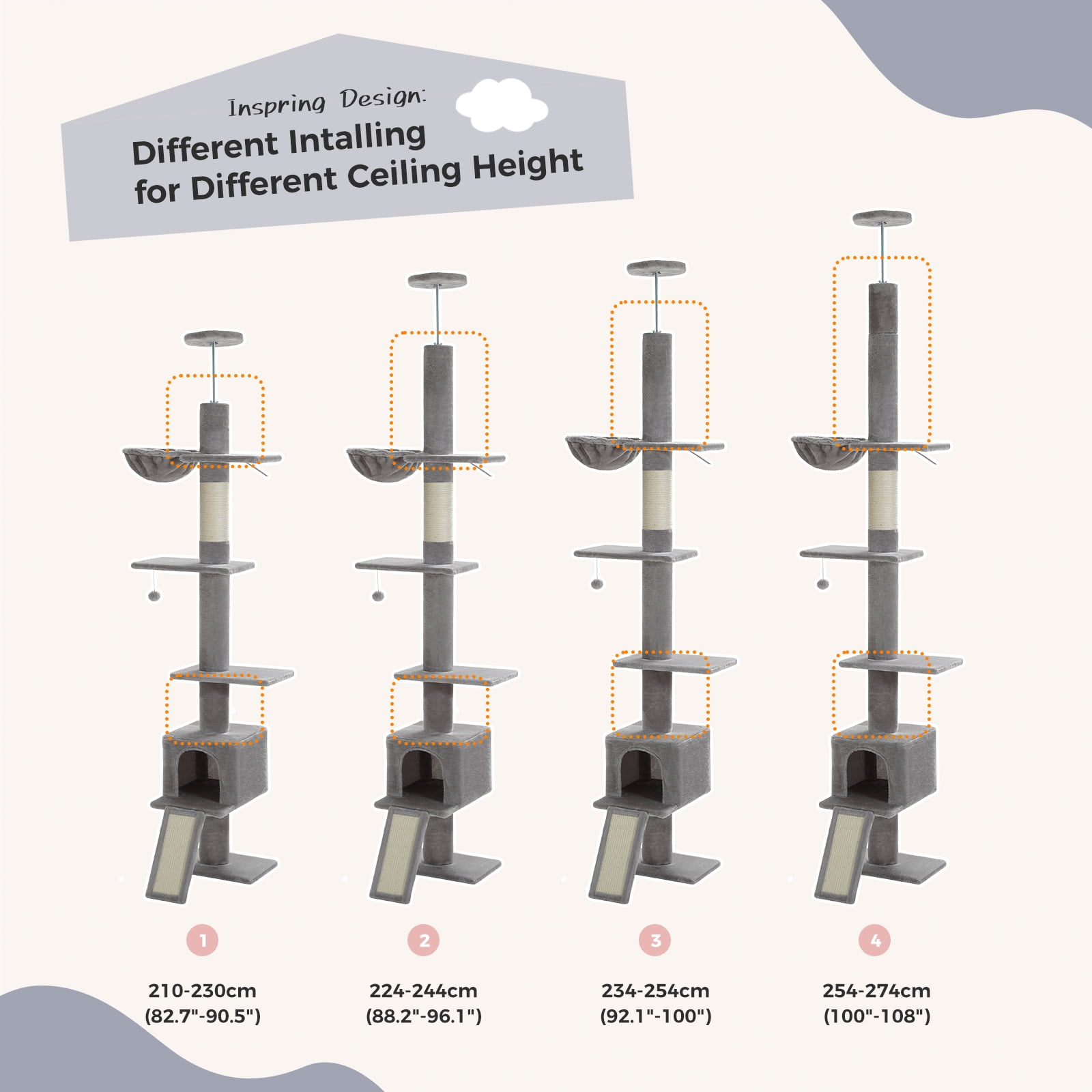 Pefilos 5 Tiers Cat Tree Floor to Ceiling, Adjustable Height (83"-108") Climbing Cat Tower for Indoor Cats with Condo, Scratching Post, Gray