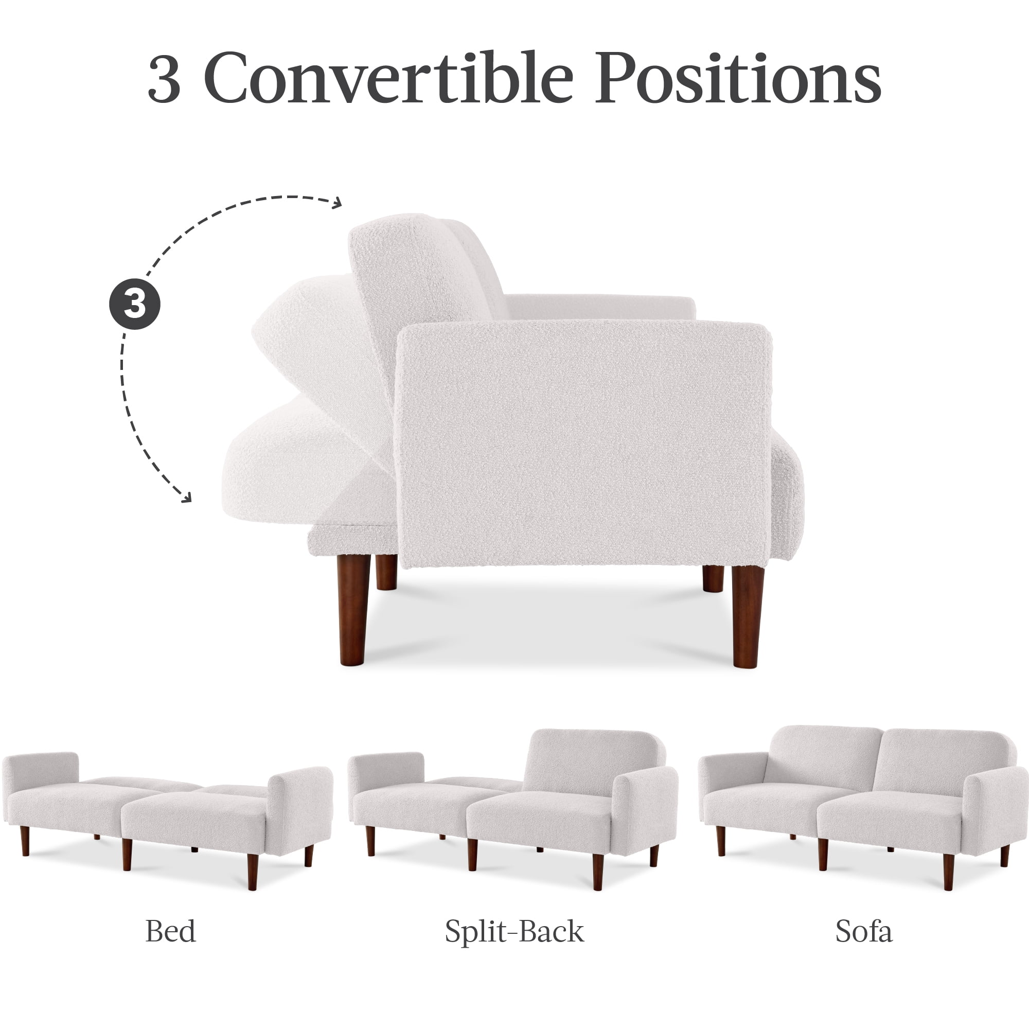 Best Choice Products Curved Convertible Futon, Boucle Fabric Split-Back Sleeper Bed - Frost Gray
