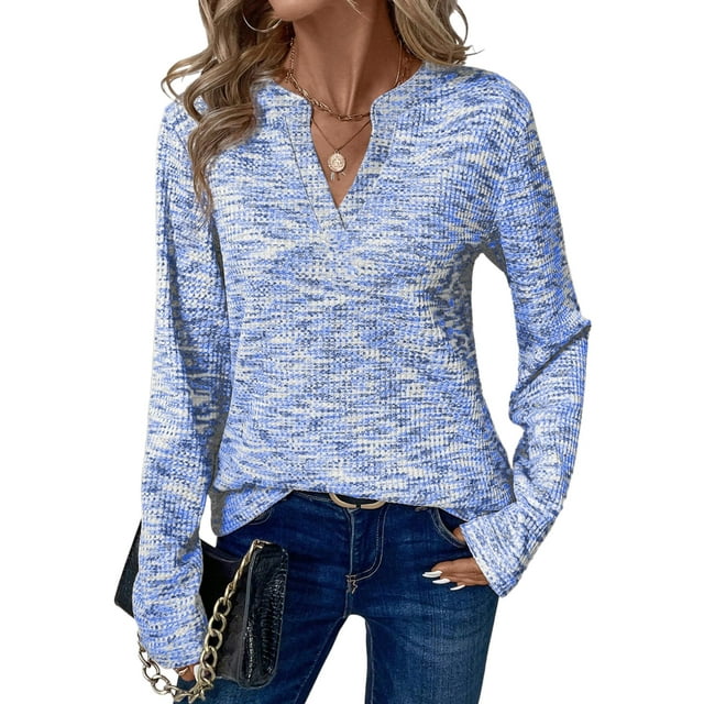 Top Dokotoo 2025 Plus de punto gofrado con cuello en V y manga larga para mujer