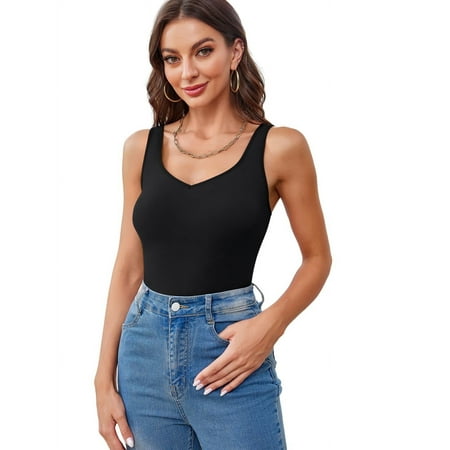 Beautyin Women Sexy V Neck Solid Tank Top with Built-in Padded Bra Adjustable Wide Strap Cotton Cami Shirts Camisole
