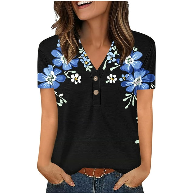 Zpanxa Blouse Chic Grande Taille à Col en V à Manches Courtes Imprimée Boutonnée Haut Tendance