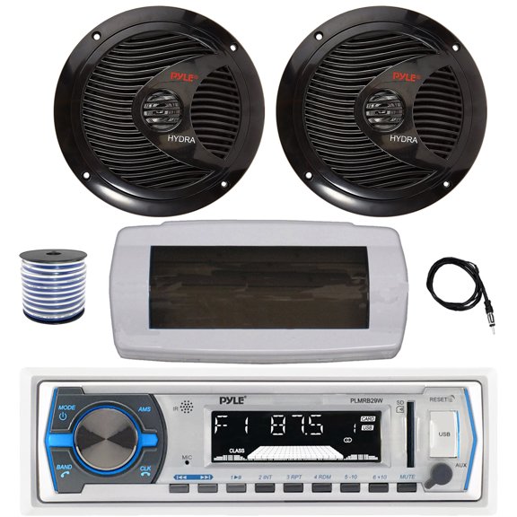 Pyle PLMRB29W Single DIN Bluetooth Marine MP3 AM/FM Stereo Receiver with White Cover, 22" Radio Antenna, Wire, 2x 8'' 180 Watt Max Full Range Dual Cone Waterproof Stereo Speakers (Black)