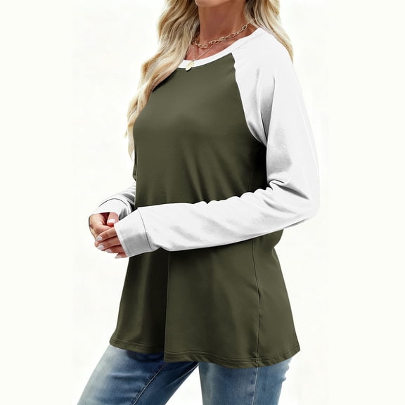 ZHYou Womens Raglan Sleeve Colorblock T-shirts,Long Sleeve Pullover Tops,Loose Fit Crewneck Basic Shirts,Army Green,Size XL