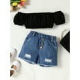 thumbnail image 2 of Coduop Kids Girls Pants Suit,Short Sleeve Boat Neckline Crop Top and Jean Shorts Outfit Set, 2 of 7