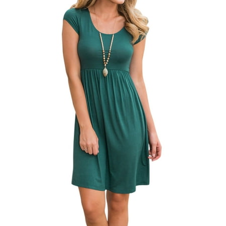 Nlife Women Short Sleeve Round Neck Simple Pleated Midi Dress - Walmart.com