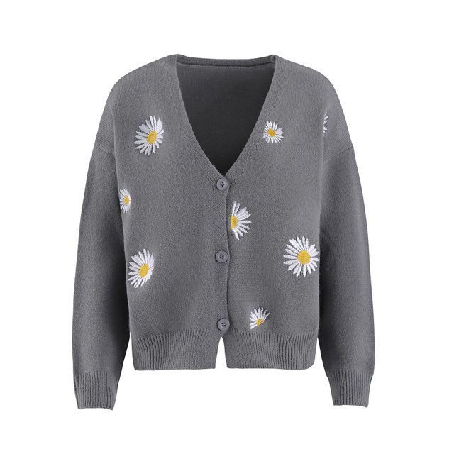 Qarigey Suéter de mujer Lints invierno otoño estampado de flores adorables estampado de manga larga cuello en V transpirable lavable suelto señoras Prendas para la parte del cuerpo Gris METRO Qarigey AP012615-07