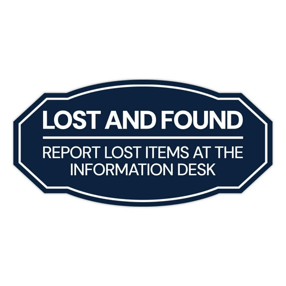 Signs ByLITA Victorian Lost and Found Report Lost Items at the Information Desk ABS Plastic | Laser Engraved | Easy Installation | Elegant Design Sign (Navy Blue / White) - Large