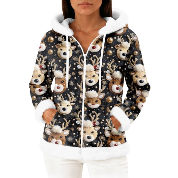 Women's Casual Fashion Long-Sleeve Zip-Up Fleece Hooded Cardigan with Christmas Print, Cozy and Warm for Winter Season,Black,XL