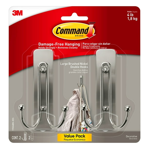 Command Large Brushed Nickel Double Hook, 2 Hooks, 2 Strips Walmart