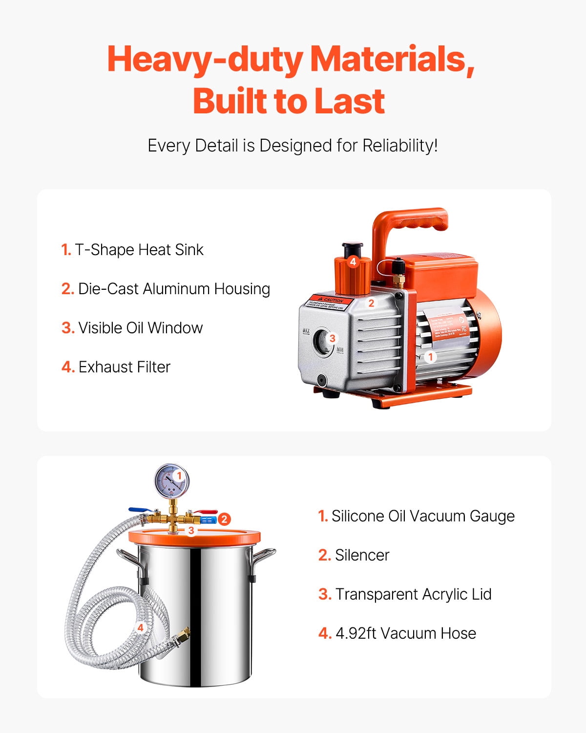 KFFKFF 3 Gallon Vacuum Chamber with 3.5 CFM Pump Kit, Composed of Stainless Steel Chamber, Single Stage Vacuum Pump Degassing Chamber Kit, Accompanied by Acrylic Lid, Oil, 4.92 ft Hose