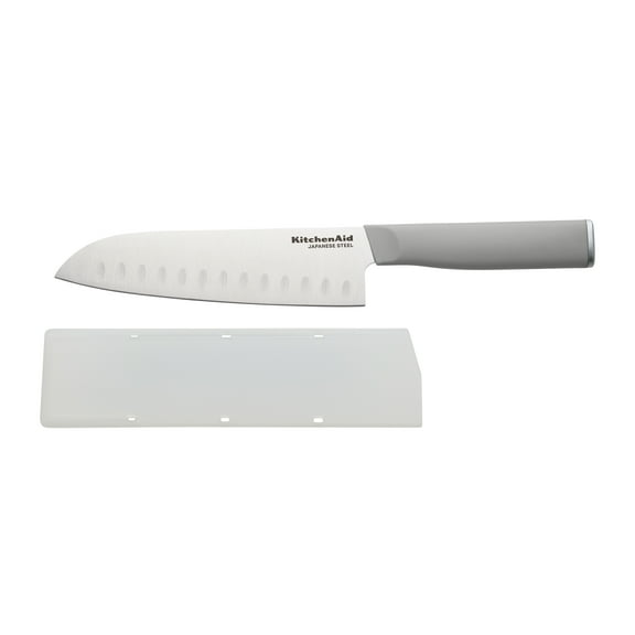 KitchenAid Classic 7-Inch Santoku Knife with Blade Cover, High-Carbon Japanese Steel, Gray Handle
