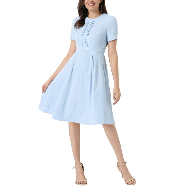 INSPIRE CHIC Robe Midi Plissée Vintage des Années 1950 à Col Rond à Manches Courtes pour Femme Bleu Pâle S