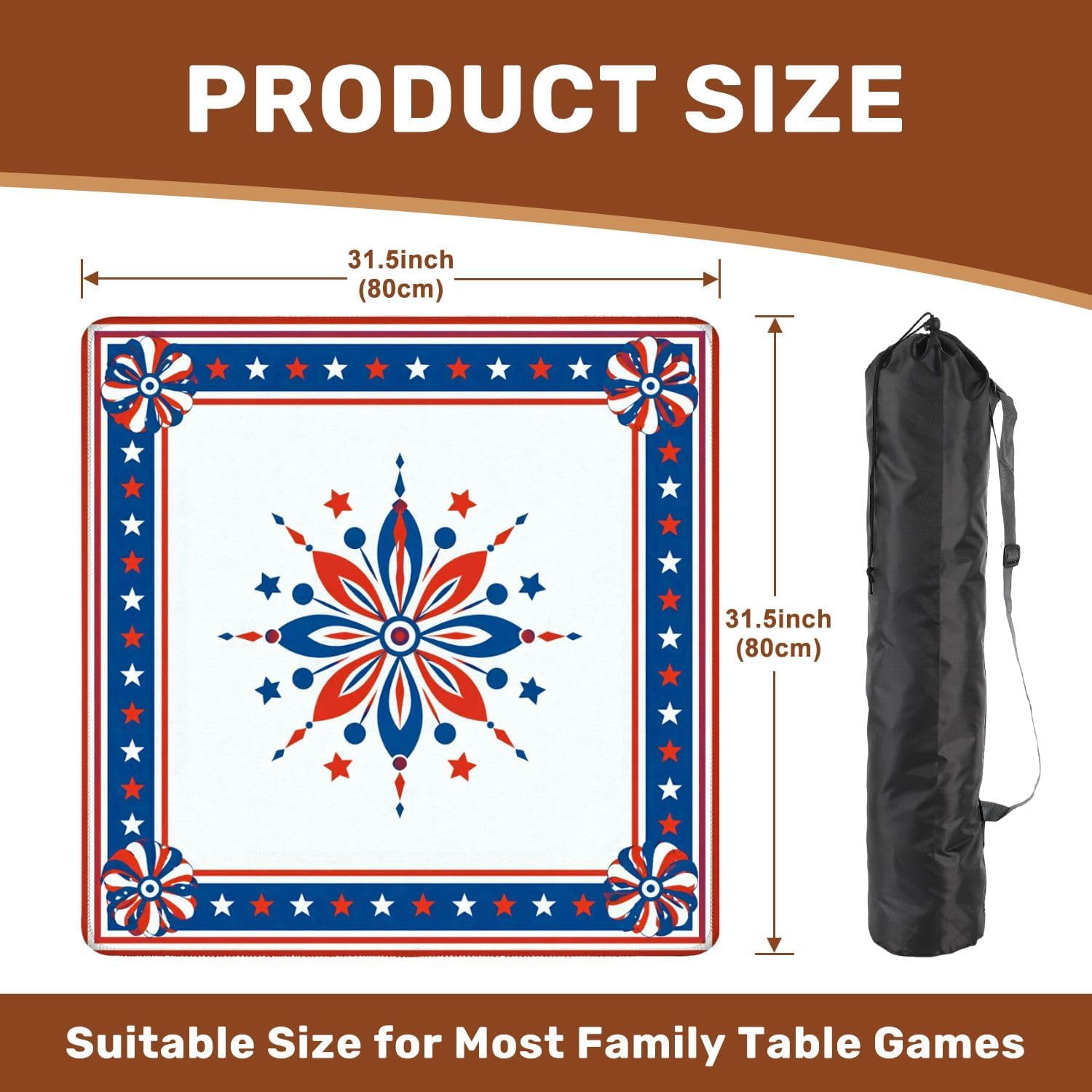 Mahjong Mat with Carrying Bag 31.5" x 31.5" Non-Slip Noise Reduction Patriotic Red White Blue Fireworks Starry Border Ribbon Bows Table Mat for Mahjong Poker Dominoes Card Board Tile Games