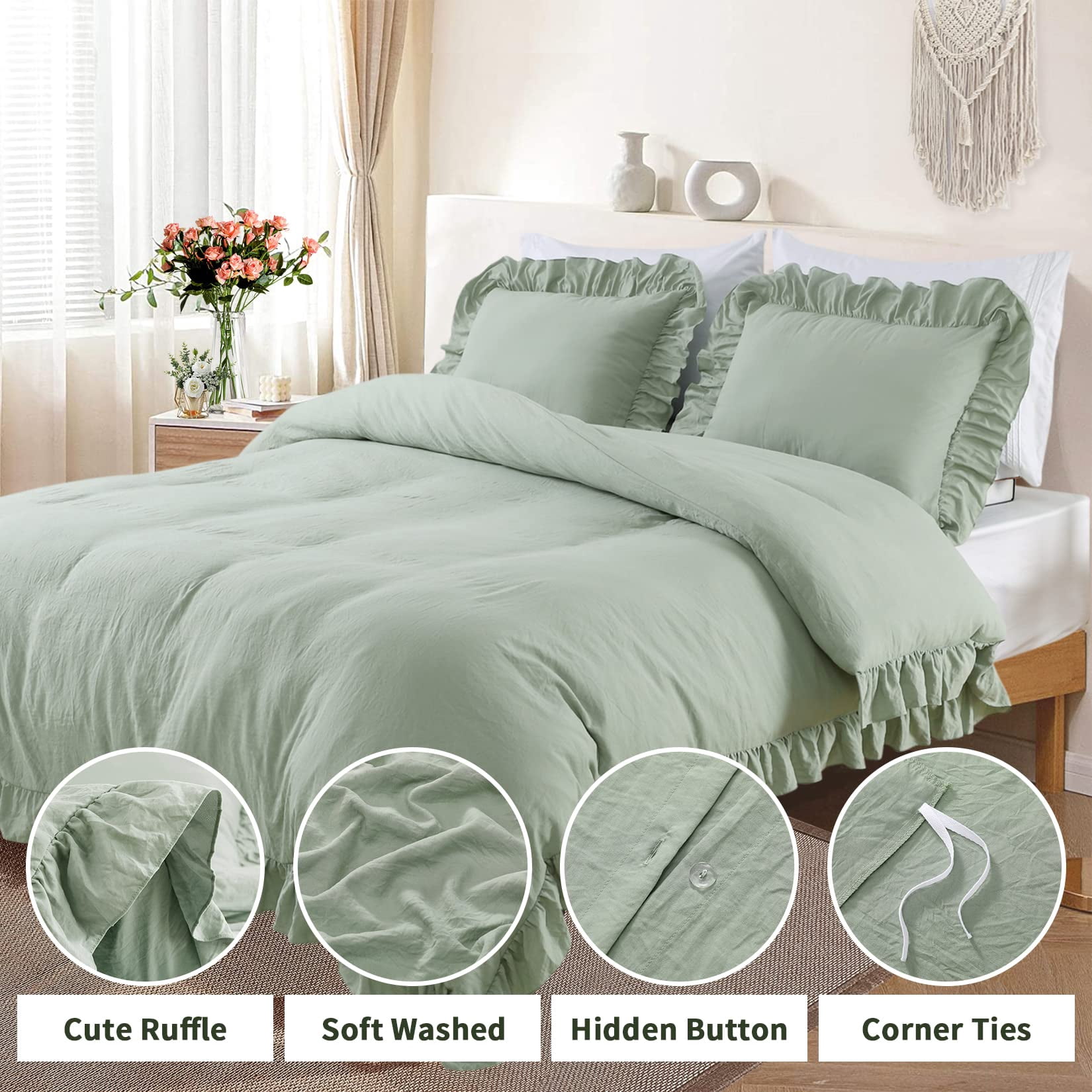 Ruffled Duvet Cover Twin/Queen/King Size, 3 Pieces Soft Washed Microfiber Duvet Cover Set, Shabby Chic Home Bedding Duvet Covers with Button Closure