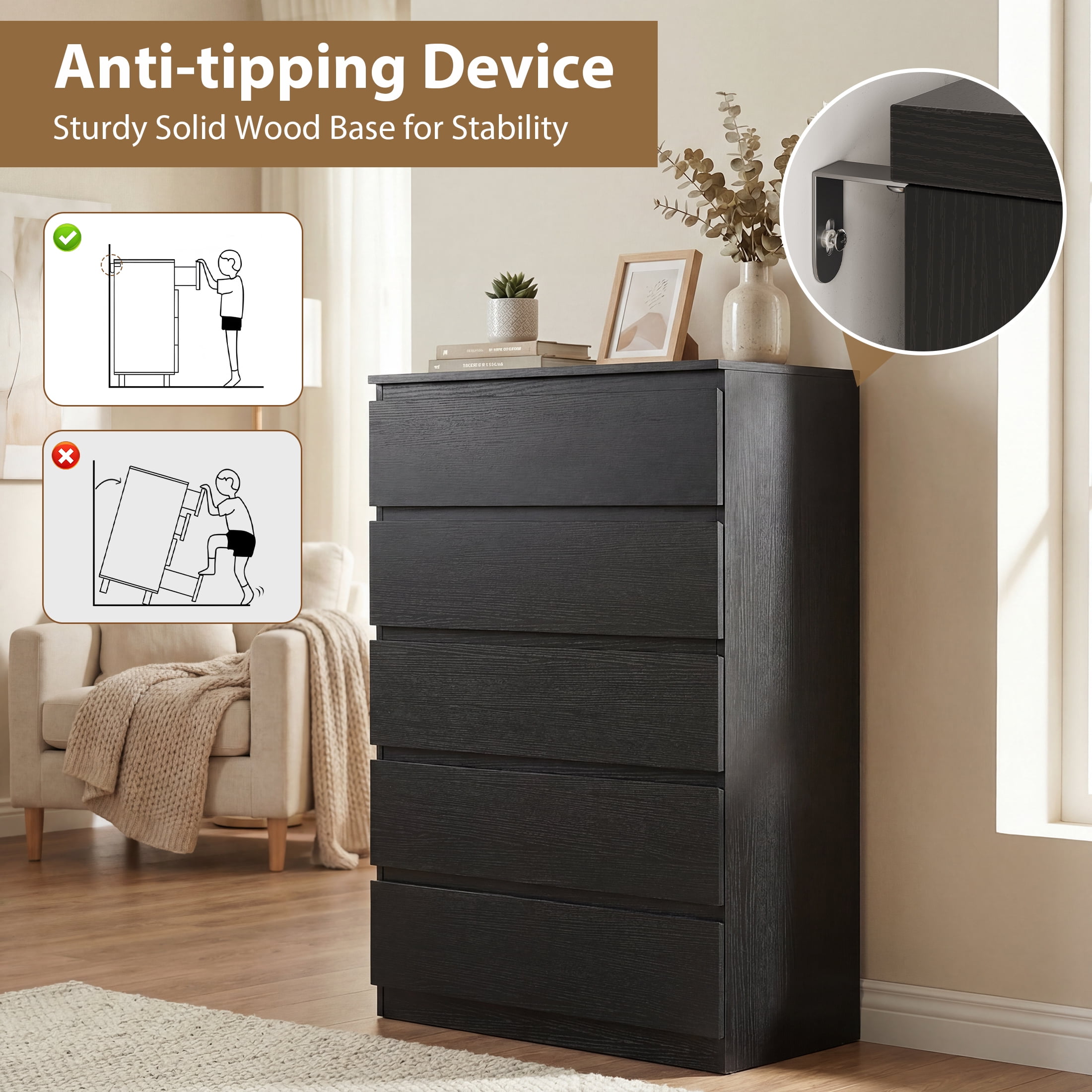 Hijob 5 Drawer Dresser, Modern Storage Cabinet for Bedroom, Tall Chest of Drawers for Living Room Bedroom, Black