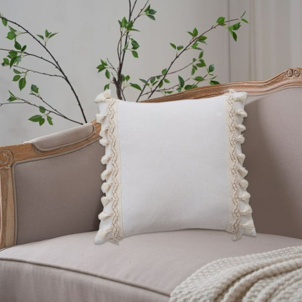 Funda de almohada Su Beige decorativa de cojín | Borlas modernas con flecos tejidos | 17,7x17,7 pulgadas 45x45 cm Poliéster ligero | Funda de almohada con cremallera simple