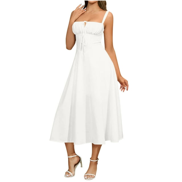 hotojiny Robes de Cocktail pour Femmes 2025 Élégantes à Encolure Carrée Boho Mi-Longues à Nouer Sans Manches pour Sorties Évasées Fluides Robe d'Été