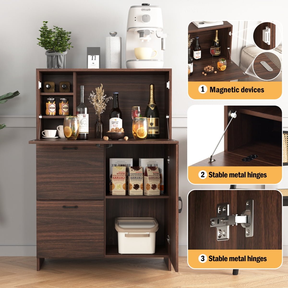GZXS Desk Cabinet with Fold-Up Desktop, 2 Drawers & Adjustable Shelf, Modern Secretary Desk Space-Saving Organizer for Home, Office, Kitchen, Dorm (Walnut)
