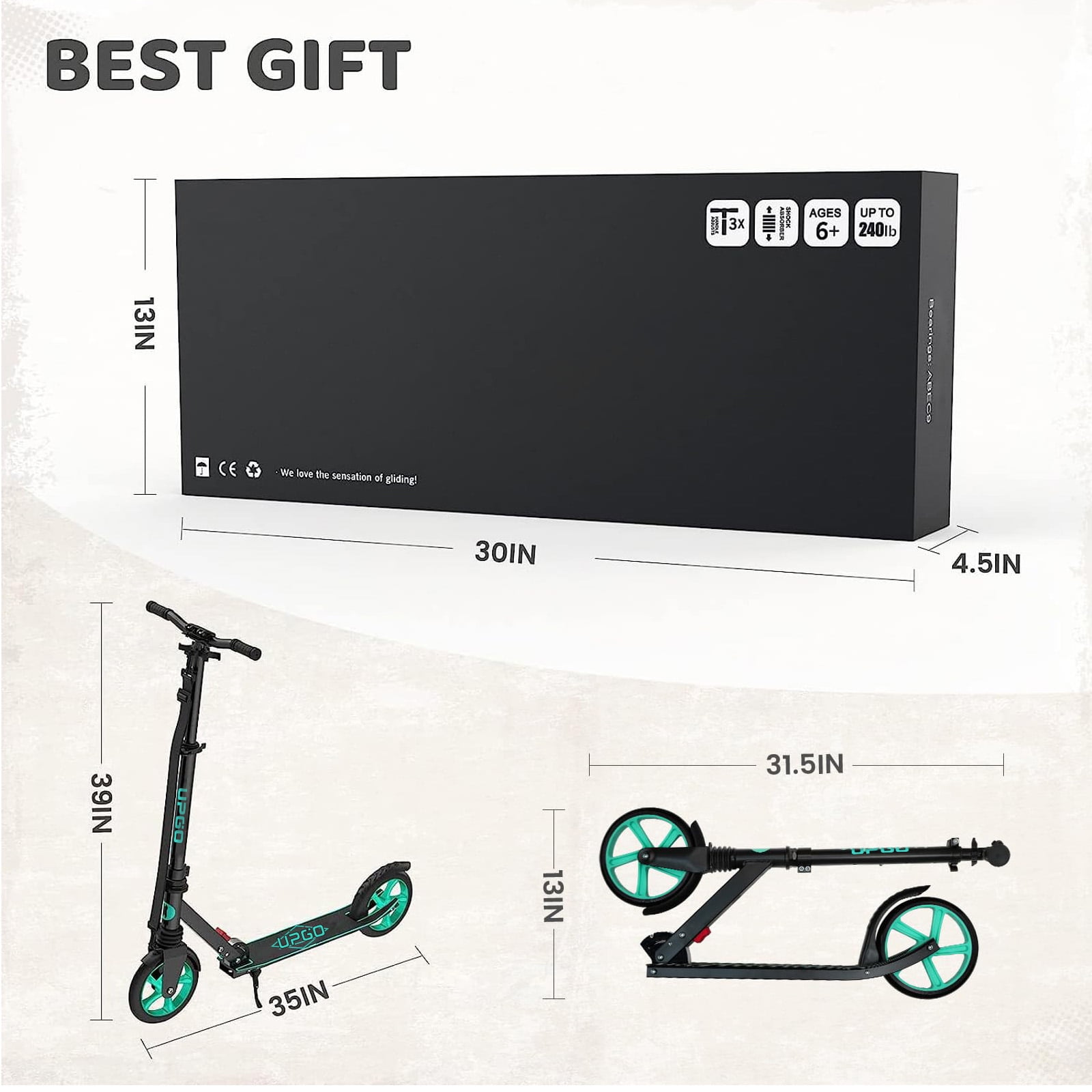 UPGO Kick Scooter for Ages 6+, Kids, Teens & Adults, 240 lb Max Load, Foldable, 8-Inch Wheels,Aquas