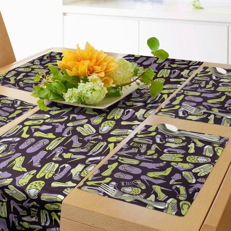

Fashion Table Runner & Placemats Woman Shoes High Heels Sneakers Sandals Boots Slippers Repetition Set for Dining Table Placemat 4 pcs + Runner 12 x72 Green Violet and Dark Purple by Ambesonne