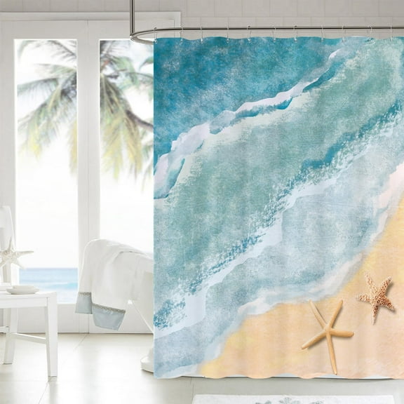 Beach Shower Curtain, Blue Ocean Shower Curtain for Bathroom Summer Starfish Waterproof Fabric Shower Curtain Set with Hooks, 72x72 Inch